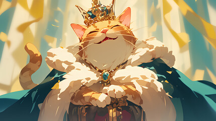 cat wearing a crown and a flying cape tied around his neck, anime style