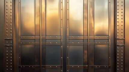 Detailed view of a metal door covered in rivets, showing industrial craftsmanship and strength