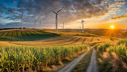 Windmills in windpark to create clean sustainable electric power. Renewable green energy wallpaper. - Powered by Adobe