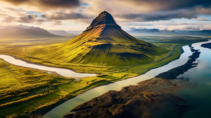 Panorama of majestic mountain symmetry volcano Kirkjufell mountain with lake reflection during sunrise morning in summer at Snaefellsnes peninsula Iceland
 - Powered by Adobe