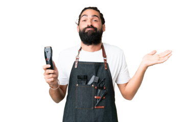 Young barber man over isolated chroma key background having doubts while raising hands