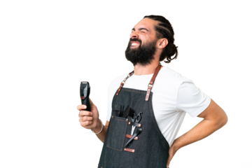 Young barber man over isolated chroma key background suffering from backache for having made an effort