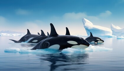 Groups of Orcas or killer whales swim and hunt for prey, the top of the food chain in a sea of ​​ice floes