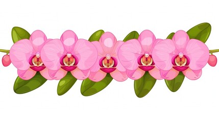   Pink Orchids on White Background - A stunning group of pink orchids with vibrant green leaves, set against a pristine white background The perfect place to add