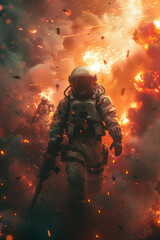 WW3 astronaut amid explosions, fire and smoke, holding an assault rifle with soldiers running behind, orange tones, photorealistic // ai-generated 