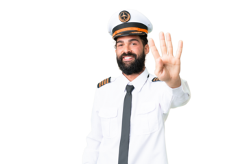 Airplane caucasian pilot man over isolated chroma key background happy and counting four with fingers