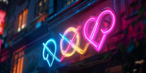 Vibrant neon sign displaying pop art letters in a colorful urban setting, ideal for nightlife or...