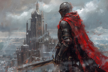 A painting depicting a medieval warrior dressed in a red cape, holding a sword in a powerful stance against the background of a castle