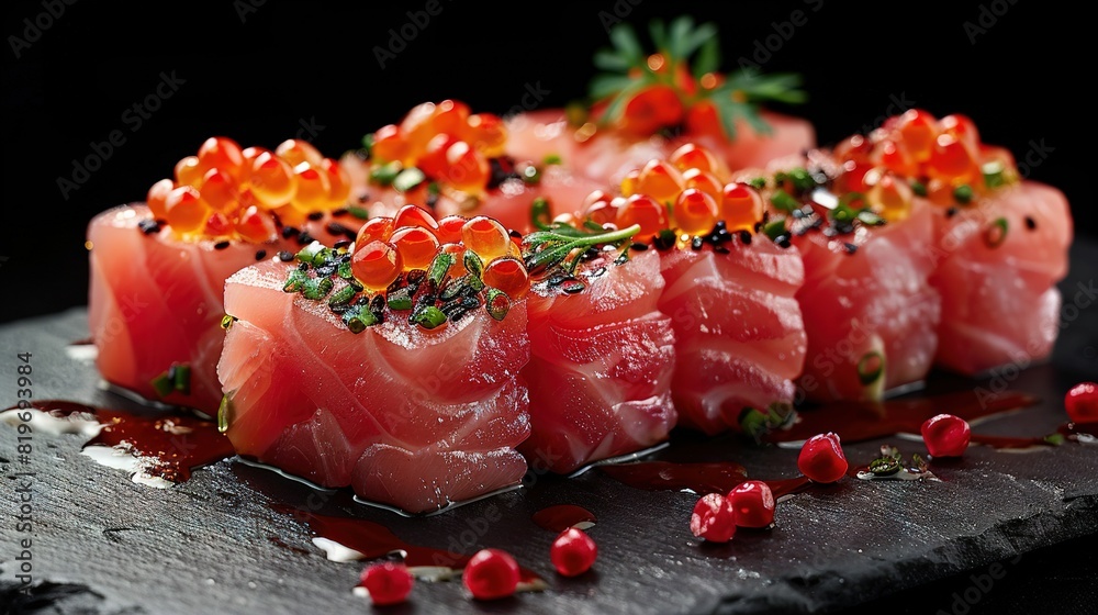 Wall mural a close-up of a sushi plate with sauce and garnishes on a black background