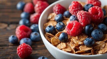   A bowl of granola with raspberries and blueberries sits on a wooden table beside two bowls of...