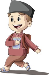 cartoon illustration design of a cute, cheerful boy ready to go to the mosque to recite the Koran.eps