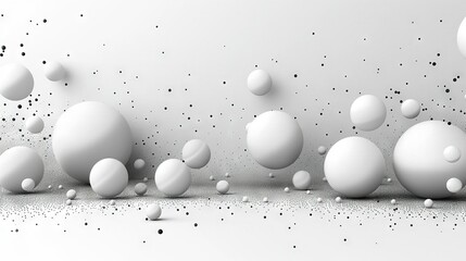   A group of white spheres float above a pristine white floor and are positioned beside a monochromatic wall with black specks scattered throughout