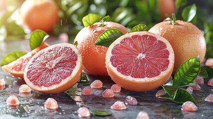   Group of grapefruits resting on a table with adjacent leaves and ice cubes nearby