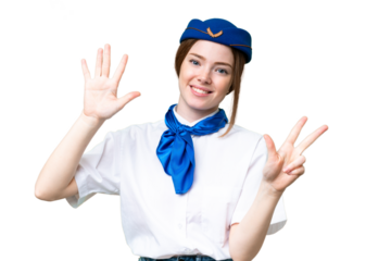 Airplane stewardess over isolated chroma key background counting eight with fingers