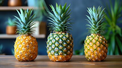   A trio of pineapples perched atop a wooden table, framing a potted plant