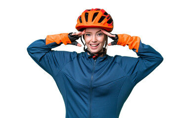 Young cyclist woman over isolated chroma key background with surprise expression