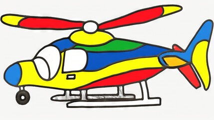   A yellow helicopter with a blue, red, and green color scheme featuring a propeller on its nose