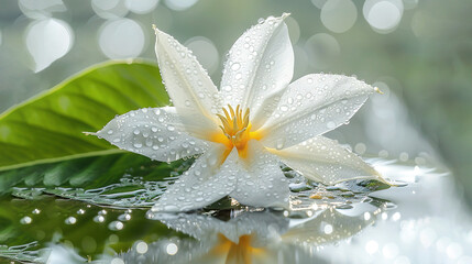   A white blossom atop water, droplets adorning its petals and surrounding greenery