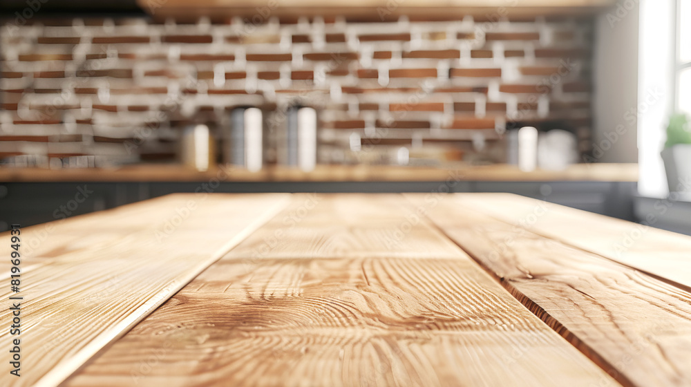 Poster empty wooden table with a blurred kitchen background, ideal for product display or branding presenta