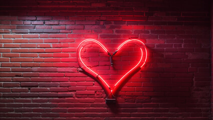 A glowing red neon heart against a brick wall.