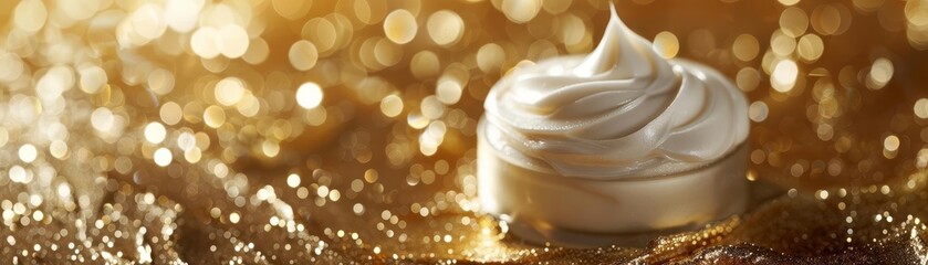 Antiaging cream on a gold background with subtle sparkles