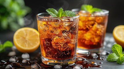  Two glasses of iced tea with lemon and mint on a table with ice and ice cubes