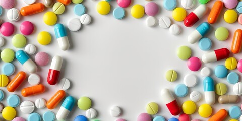Assorted pills arranged in a circle on a white background with colorful pills creating a vibrant border