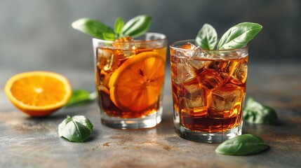   A pair of glasses filled with beverages alongside an orange slice and a verdant garnish