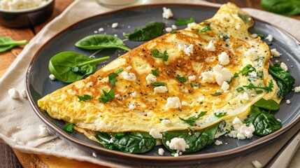 Egg white omelet with spinach and cottage cheese in a grey plate, healthy eating closeup