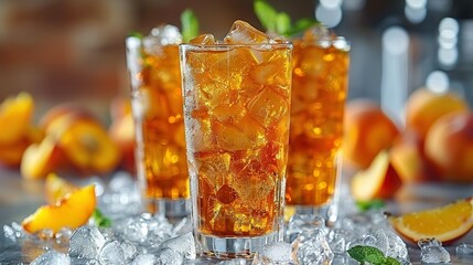   A clear shot of two glasses filled with ice and a lemon wedge resting on a wooden table surrounded by oranges