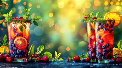   Two tall glasses brimming with fruit on a nearby table surrounded by glasses holding watermelon, blueberries, raspberries, and oranges - Powered by Adobe