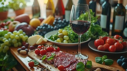   A wooden cutting board topped with meat and vegetables, next to a glass of wine and bottles of wine