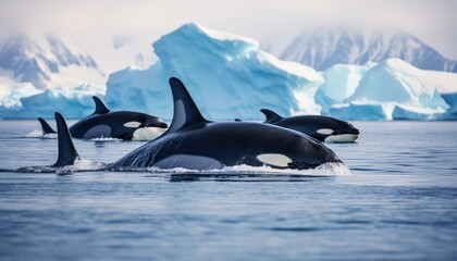 Fototapeta premium Groups of Orcas or killer whales swim and hunt for prey, the top of the food chain in a sea of ​​ice floes