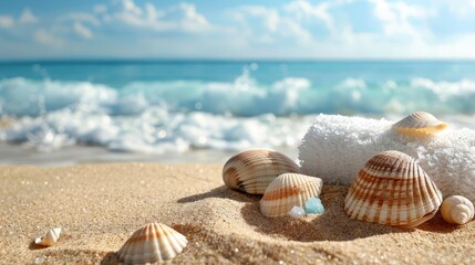Fototapeta na wymiar Face scrub on a sandy beach background with seashells and calm ocean waves