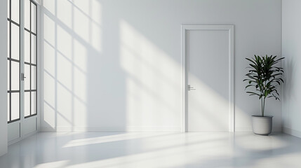 An empty room with a door, large windows casting shadows, and a potted plant, on a clean background, concept of minimalism. Generative AI