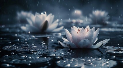   Water lilies floating on water, with droplets below