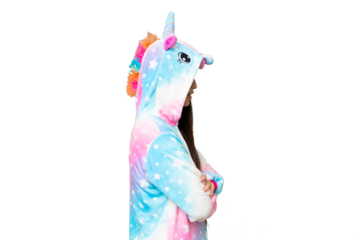 Young Asian woman with unicorn pajamas over isolated chroma key background in lateral position