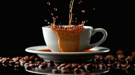   A dark background features a cup of coffee pouring into another cup with beans scattered around it, creating an image of coffee being served