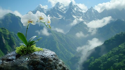   White bloom atop rock amidst valley, mountain backdrop