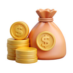 Gold Coins set. Bag of gold. 3D icon with transparent PNG background