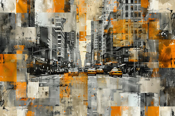 urban art collage, orange and grey digital painting of american city street, buildings, cabs, cars, pedestrians, city lights, artwork, photorealistic // ai-generated 