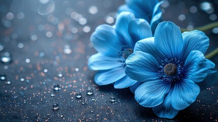   Two blue flowers on black surface with droplets on petals