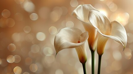   A pair of white blossoms rest on a wooden surface beside a murky brown and white backdrop