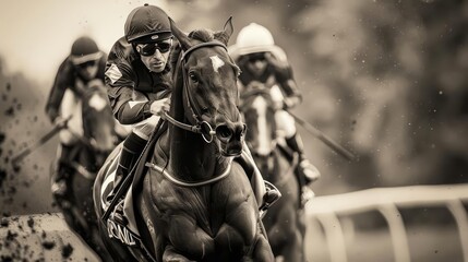 A nostalgic black and white photo style image of a historic racehorse race, with vintage clad...
