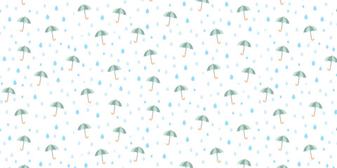 梅雨の季節に使える、緑色の傘と雫の青いベクター背景画像