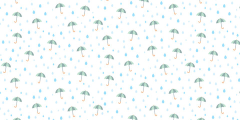 梅雨の季節に使える、緑色の傘と雫の青いベクター背景画像
