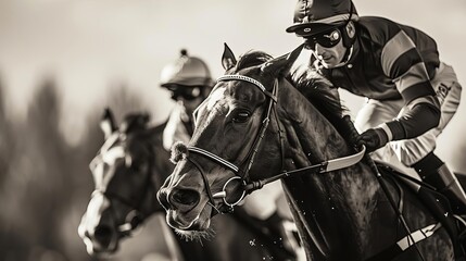 A nostalgic black and white photo style image of a historic racehorse race, with vintage clad jockeys and classic race attire