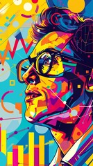 Create a pop art portrait of a man wearing glasses with bright colors.