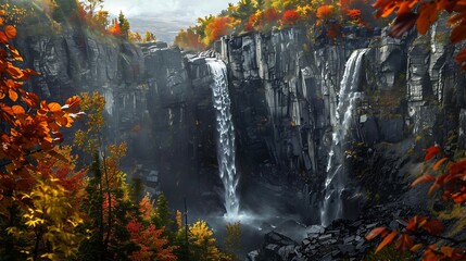 A dramatic waterfall framed by rugged cliffs and vibrant autumn foliage.