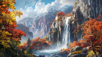 A dramatic waterfall framed by rugged cliffs and vibrant autumn foliage.